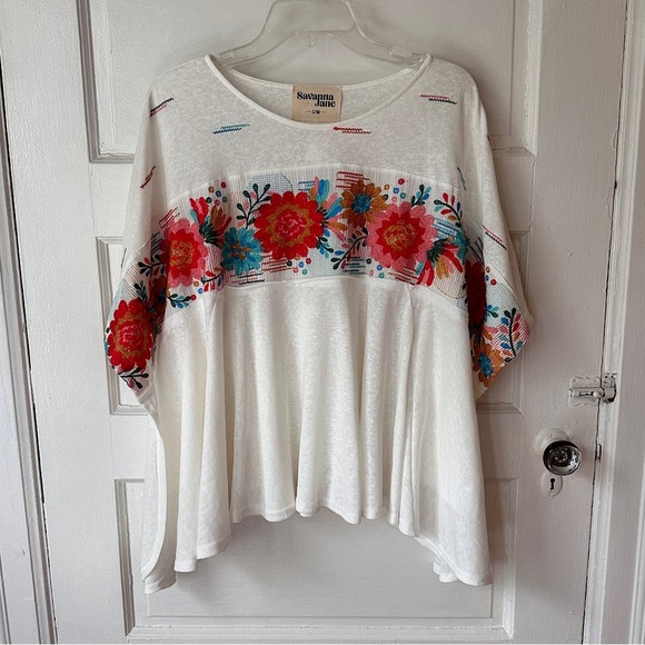 Savanna Jane Floral Embroidered Kimono Sleeve Blouse Flowy Relaxed Fit Boho - Picture 13 of 16